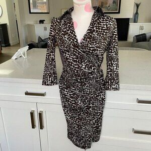 Jacob 34 Slv Poly Blend Animal Print Wrap Dress Chocolate Brown   White Sz XS